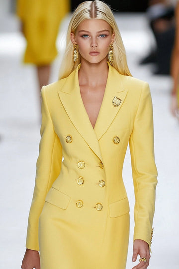 Yellow Peak Lapel Double Breasted Bodycon Mini Work Dress